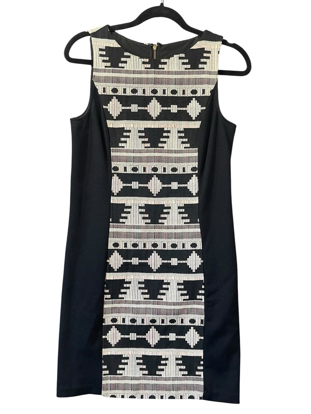 Aztec Southwestern Embroidered Shift Dress M Black White Boho Western Seam Flaw